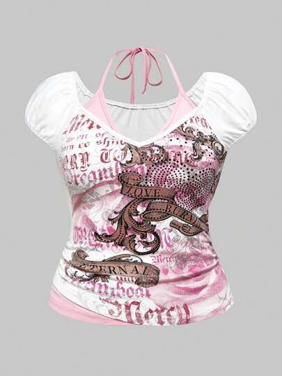 Grunge Punk Plus Size Women Vintage Romantic Rose Flower, Vine, Heart, Rhinestone Decor Contrast Color Halter Tie Bow T-Shirt