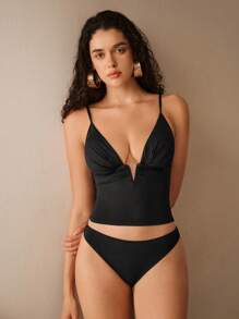 Anewsta Deep V-Neck Sling Backless Bikini Set For Summer Beach Vacation - Black - View 6