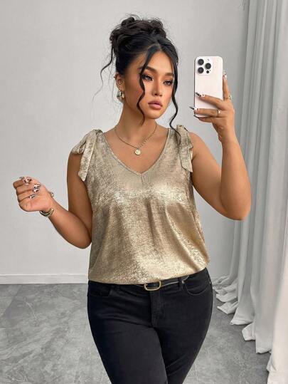 Elenzga Plus Size Women Spring/Summer New Casual Elegant Versatile Gold V-Neck Sleeveless Tie-Front Blouse Gold Top Women Gold Metallic Top Gold Tank Top Bling Top Shimmer Top