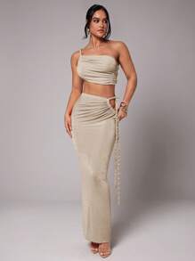 Silquee Women's Solid Color Ruched Cropped Top, Suitable For Commuting, Daily Wear, Vacation, Spring Break, Beach, Night Out, Girls' Gathering, Beach Party, Pool Party, Dressy Tops One Shoulder Tops, Going Out - Apricot - View 4