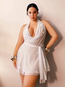 Swim Chiccia Plus Size Draped Neck Open Back Loose Beach Coverup For Summer Beach Vacation - White - View 3