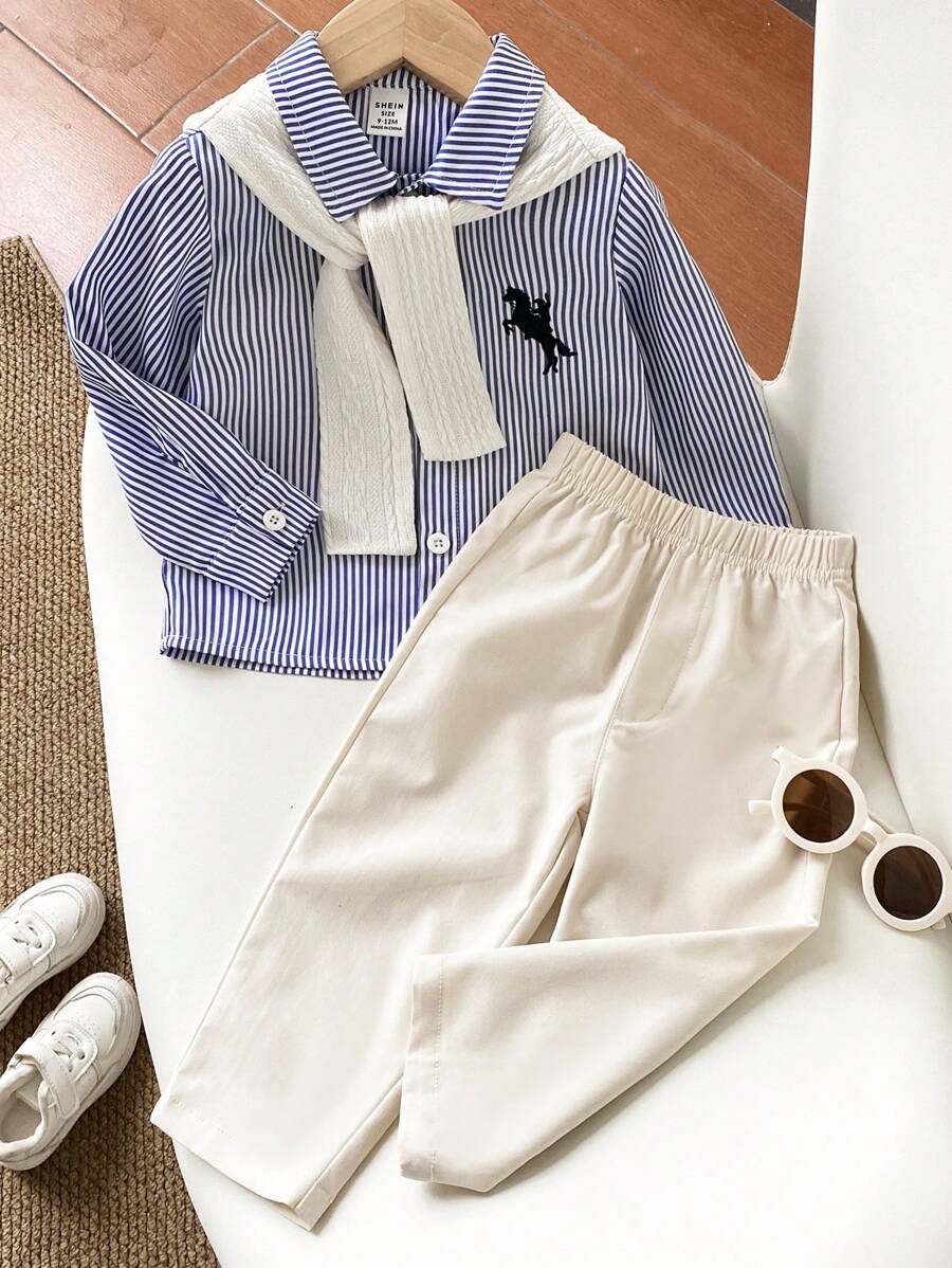 SHEIN Set de 3 piezas ropa casual multifuncional para bebé niño: impermeable, camisa a rayas con cuello y pantalones de cintura elástica, adecuado para ir al trabajo, a la escuela, casual, vacaciones, bodas y otras ocasiones, de 6 meses a 3 años, ropa para niños y bebés