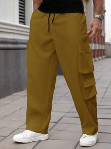 Manfinity Homme Plus Size Men's Drawstring Waist Cargo Pockets Loose Casual Pants - Brown - View 3
