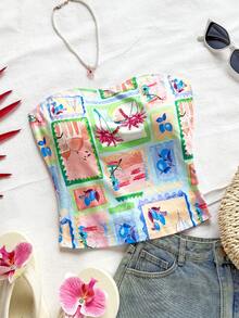 Soleia Women's Cozy Knitted Tube Top, Ocean Life & Beach Print, Suitable For Vacation Summer Summer Tube Top Tropical Top Summer Top - Multicolor - View 1