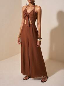 Zivah 海滩新款春夏度假吊带露背中腰蝴蝶结装饰露腰露背阔腿超长裤全身棕色下装纹理亚麻女连体裤 - 棕色 - 查看 4