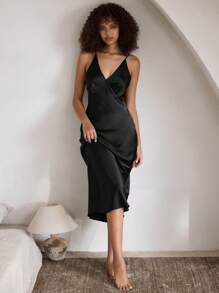 Ocili Leisure Comfortable Satin-Like Silky Soft Spaghetti Strap Nightgown Babydoll For Women Luxeloungewear - Black - View 3