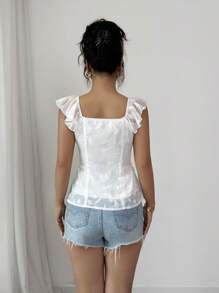 Elenzga 女式法式优雅荷叶边刺绣 V 领腰部衬衫，女士衬衫