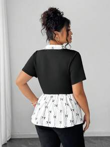 Elenzga 大码夏季休闲色块蝴蝶结印花衬衫