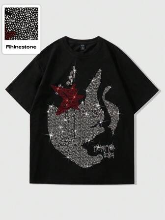 Street Life Camiseta de manga corta de ajuste regular para hombre, con impresión lateral de rostro gótico y estrella, con aplicaciones de rhinestones, adecuada para uso casual en primavera/verano, para fiestas