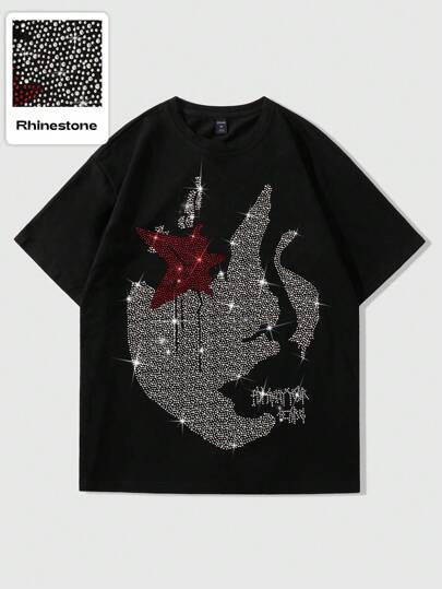 Street Life Camiseta de manga corta de ajuste regular para hombre, con impresión lateral de rostro gótico y estrella, con aplicaciones de rhinestones, adecuada para uso casual en primavera/verano, para fiestas
