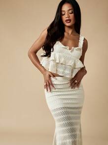 MISSGUIDED Lace Two Piece Set Ruffle Cami Top Maxi Skirt Evening Party Wedding Guest Beach Vacation Summer Dress - Apricot - View 3