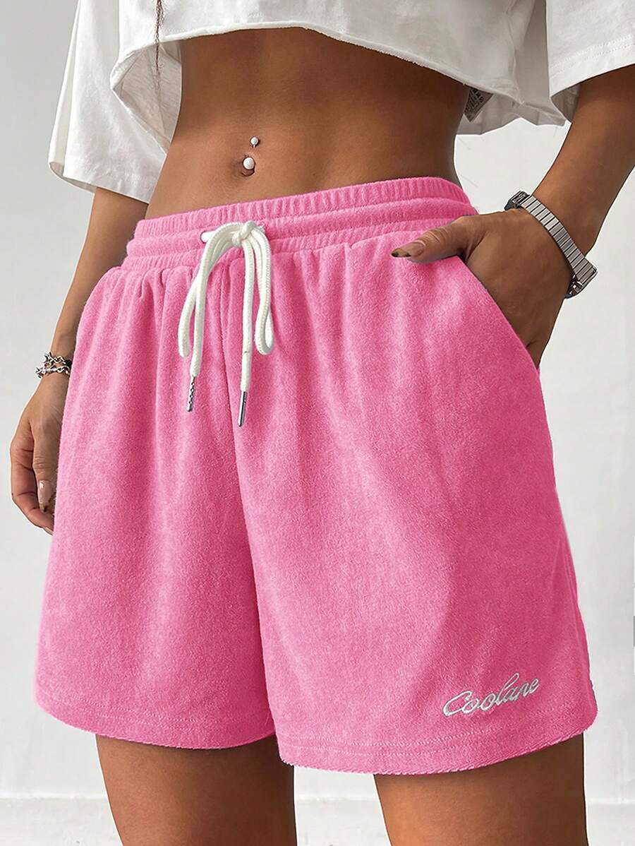 Coolane Women's Sport Flannelette Summer Embroidery Mini Sweater Shorts - Hot Pink - View 1