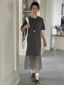 DAZY 少女圆领针织短袖撞色网眼溜冰裙，夏季，返校服 - 深灰色 - 查看 3