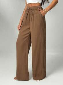 SHEIN Tall Pantalones casuales con cordón de unicolor para mujer - Marrón - Ver 8