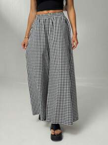 SHEIN Tall 休闲阔腿格纹裤，适合通勤 - 黑色 - 查看 4