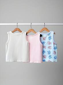 Set da 3 canottiere in cotone morbido senza maniche con stampa carina 'Love' a coniglietto, colori rosa e blu, per ragazze giovani