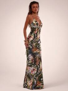 SHEIN BAE Women's Backless Hanging Neck Extra Long Dress,Olive Green,Summer,70s Retro,Party,Vacation,Full Print Butterfly Orchid Ornaments Bohemian Style - Pink - View 2