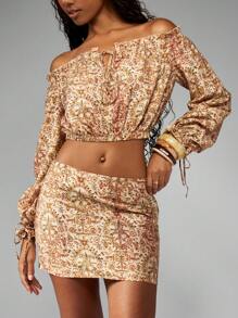 MISSGUIDED 花卉芭铎两件套露肩短款上衣迷你裙度假村海滩度假夏季服装波西米亚节日套装 - 彩色 - 查看 3