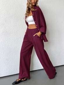 Aveloria Modichic 2pcs/Set Women Blended Side Slit Loose Shirt And High Waist Wide Leg Pants Elegant Business Casual Women  - Burgundy - View 4