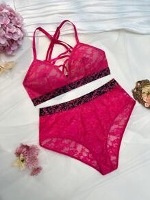 2 件浪漫性感活力花卉蕾丝和字母印花交叉文胸和高腰内裤套装，透明无钢圈文胸，洋红色 - 玫紅色 - 查看 6