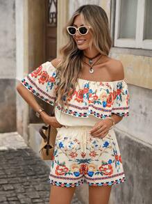 Brillora Ladies' Summer Vacation Style Floral Print Ruffled Off Shoulder Top And Shorts Casual 2Pcs Outfit Short Sets