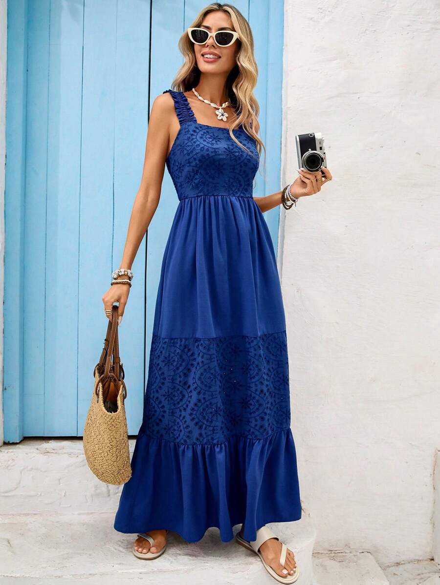 Vivid Eden 女式夏季度假休闲刺绣贴布宽肩带荷叶边下摆长裙，女士沙滩装，度假装，女士夏季服装，波西米亚风女装，蓝色长裙，蓝色太阳裙，度假连衣裙，约会连衣裙，可爱连衣裙，外出连衣裙，女士蓝色长裙，长款休闲连衣裙，刺绣长裙，蓝色刺绣长裙，长款蓝色度假连衣裙，女士夏季连衣裙 - 藍色 - 查看 1