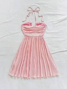 Vestido de estilo bohemio para mujer para la Pascua, vestido campesino, vestido de graduación y verano, vestido de verano y vacaciones para mujer, vestido de unicolor plisado de moda - Rosa - Ver 7