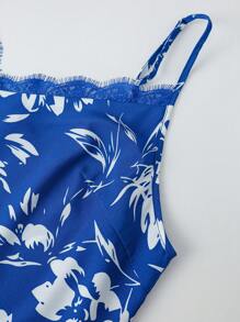 SHEIN VCAY 大码女式夏季假日印花撞色蕾丝吊带背心 - 藍色 - 查看 4