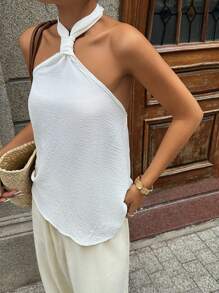 INAWLY Solid Twist Detail Halter Top For Summer - White - View 4