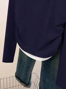 SHEIN EZwear 女士字母印花二合一长袖休闲 T 恤 - 藏蓝色 - 查看 5