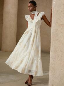 GENKIRA 意大利浪漫闺房风格精致亮片刺绣网眼荷叶边 V 领系带无袖连衣裙 - 米色 - 查看 3