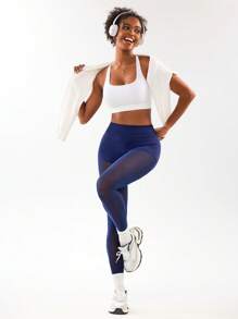 Easithlete 女式简约纯色高腰拼接网眼运动紧身裤 - 藏蓝色 - 查看 5