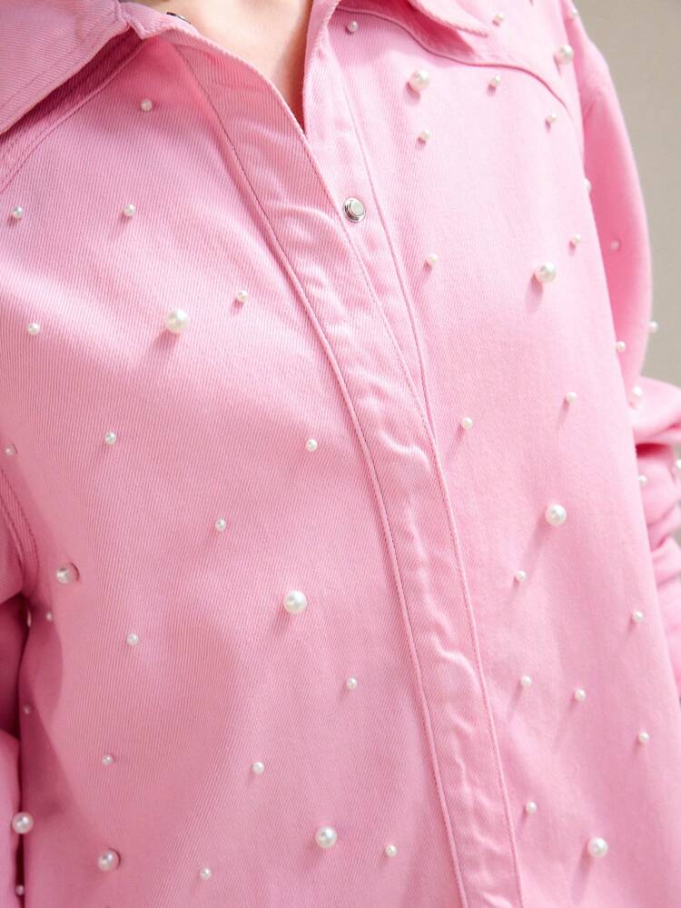 FAUX PEARL DETAIL DENIM SHIRT & SKIRT SET