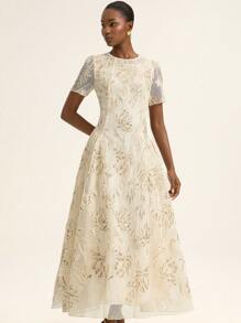 Aveloria Rosie French Style Elegant And Romantic Women's Dress. Simple & Generous Design, Subtle Luxury, Delicate Embroidery & Beaded Decor, Round Neck, Waist Cincher, Flared Skirt Silhouette, Ankle Length Dress - Apricot - View 5