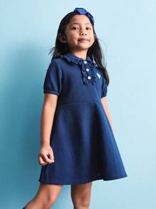 SHEIN Young Girls Ruffle Trim Back To School Blue Short Sleeve Half Button Front Summer Shirt Dress