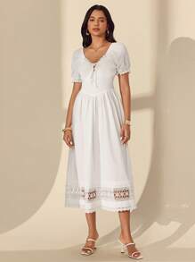 Almamuse All White Women's Elegant Lace Collar Splice  Lace Boho White Dress - White - View 4
