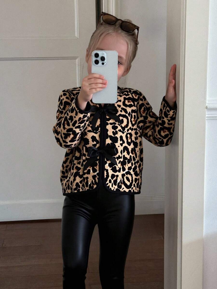 SHEIN Leap Crew Young Girl Leopard Print Knitted Cardigan, Casual Jacket - Multicolor - View 1
