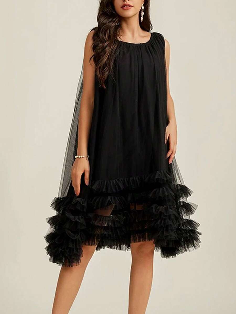 DreamSkyne Đầm lưới xếp lớp cổ tròn không tay thanh lịch, thoải mái, rộng rãi, cỡ lớn cho nữ, váy mùa xuân, đồ đi biển - màu đen - Xem 1