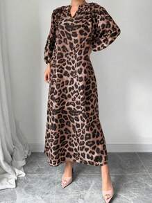 Rafferiza 女式夏季缺口V领豹纹灯笼袖长款宽松休闲连衣裙女装 - 彩色 - 查看 6