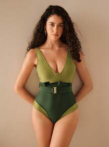 Anewsta Summer Beach Green Nylon Shiny Waist Flounce Gold Snap One-Piece Swimsuit For Women, Holiday Style - Green - View 7