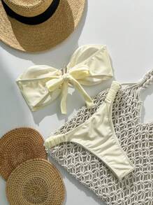 Swim Mod Conjunto de bikini de 2 piezas para mujer de verano, de unicolor, con decoración de metal sin tirantes y con lazo sexy - Albaricoque - Ver 2