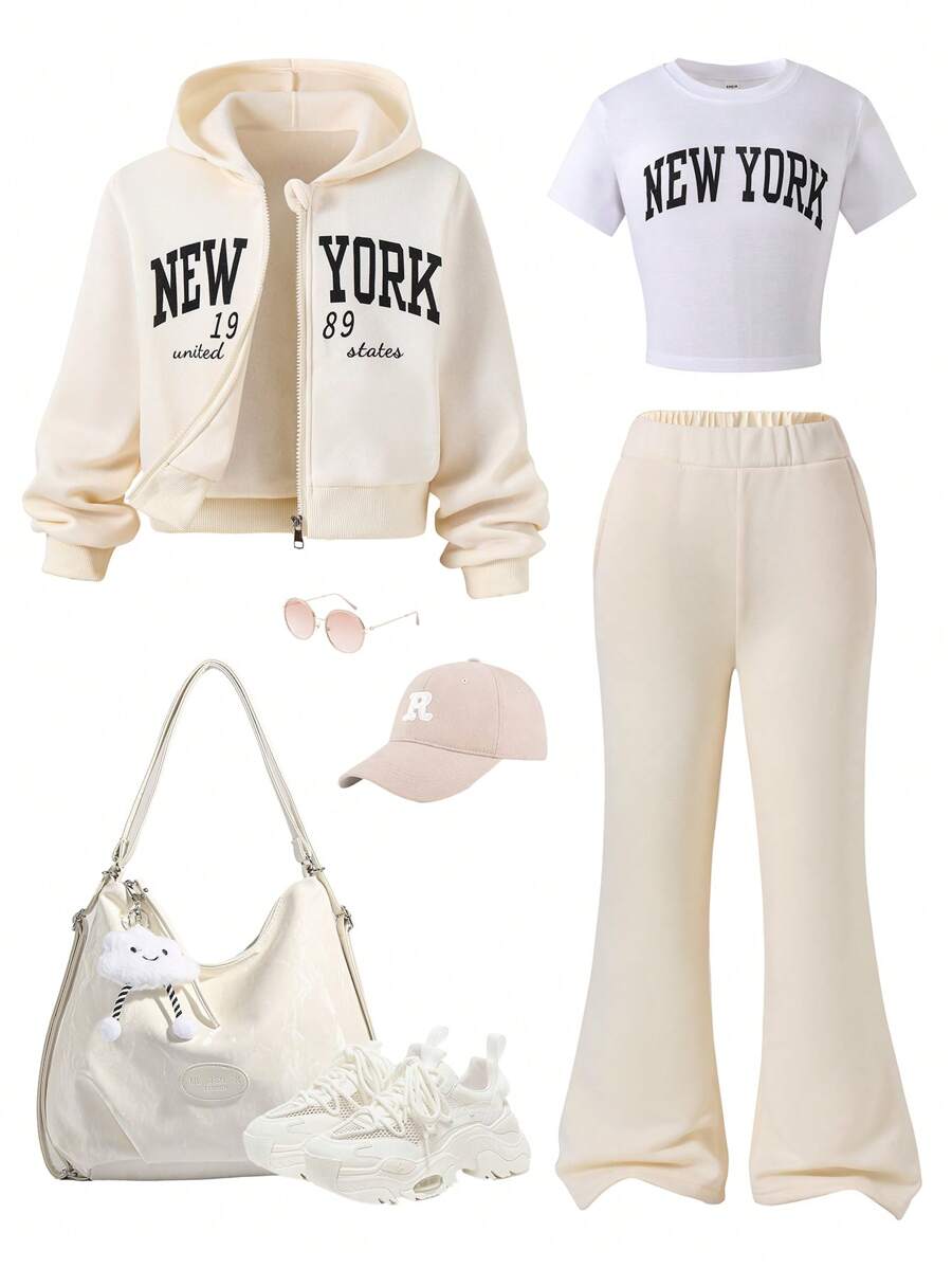 SHEIN Tween Fleece Hoodie Jacket & Tee & Flared Pants 3pcs Set, Location Graphic Print Fall Winter - Apricot - View 1