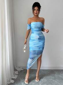 Selianne 女士优雅露肩扎染开衩修身连衣裙，秋季长款女装 - 淺藍色 - 查看 4