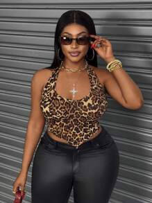 Maweii Blusa elástica de malla con estampado de leopardo y cuello de halter, adecuada para fiestas, talla grande para mujer