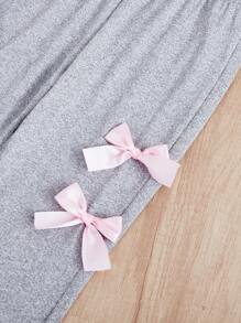 2 件套青少年女孩休闲修身灰色短袖上衣，搭配可爱粉色蝴蝶结和灰色喇叭裤，家居服 - 灰色 - 查看 4