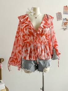 Soleia 大码女式花卉印花雪纺衬衫，荷叶边领，系带前襟，喇叭形长袖，秋冬休闲上衣，情人节适用 - 彩色 - 查看 1