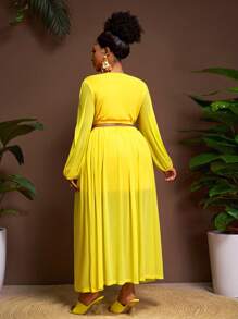 Veslaya 2015 New Vacation Party Going-Back-To-School Season Light Yellow Sheer Lace Hollow-Out Waist Maxi High Split Dress, Plus Size - Yellow - View 2
