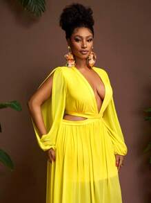 Veslaya 2015 New Vacation Party Going-Back-To-School Season Light Yellow Sheer Lace Hollow-Out Waist Maxi High Split Dress, Plus Size - Yellow - View 7