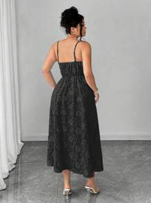 Elenzga Plus Size Women U-Neck Solid Color Blue Jacquard Textured Fabric Evening Gown, A-Line Silhouette, European & American High-End Party Dress, Cinched Waist, Flowy Skirt, Elegant Maxi Dress - Black - View 2