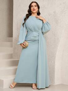 Veilorie Plus Size Women Elegant Simple Solid Color Lantern Sleeve Draped Front Waisted Dress - Green - View 5